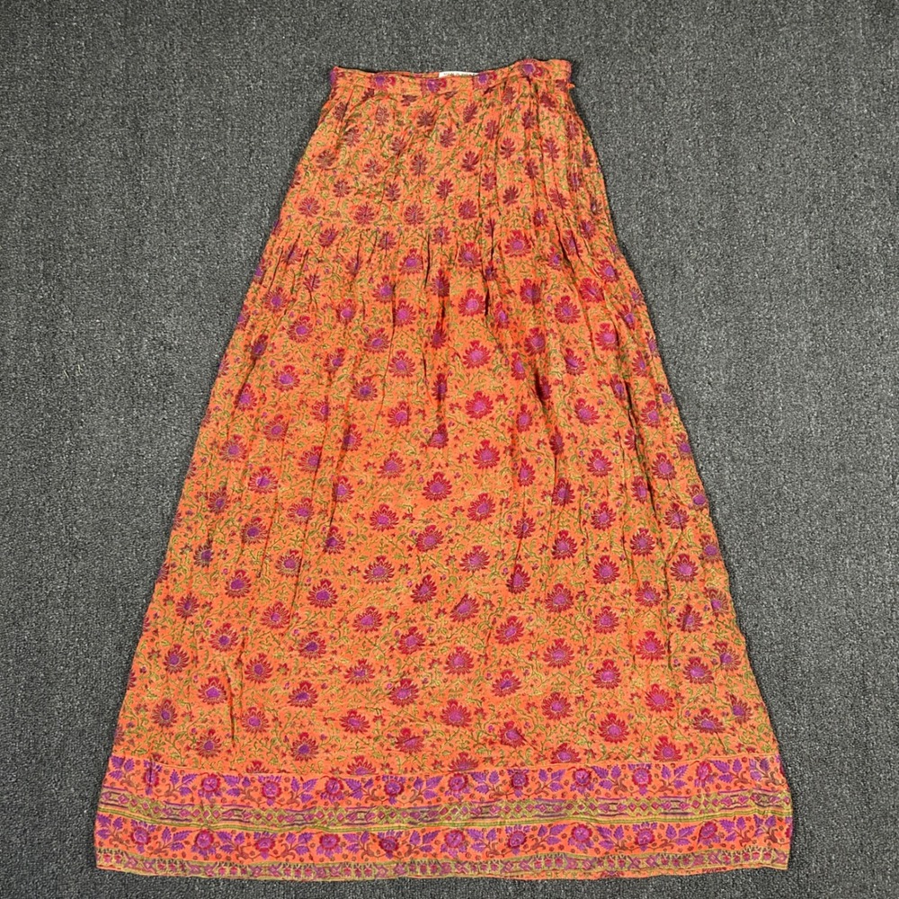 Treacy Lowe London Silk Maxi Skirt Womens 10 Orange Floral Vintage 70s India